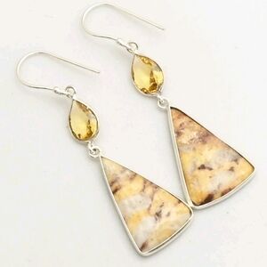 Maligano Jasper, Citrine Gemstone 925 Sterling Silver Handmade Dangle Earrings